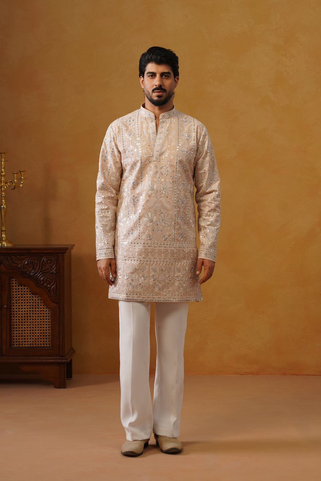 Rooh | Blush Peach V-Neck Kurta & Trouser Set with Dupatta