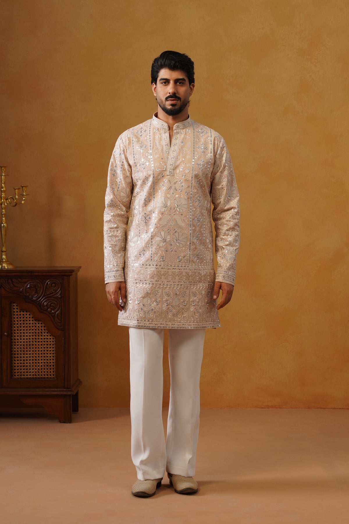 Rooh | Blush Peach V-Neck Kurta & Trouser Set with Dupatta