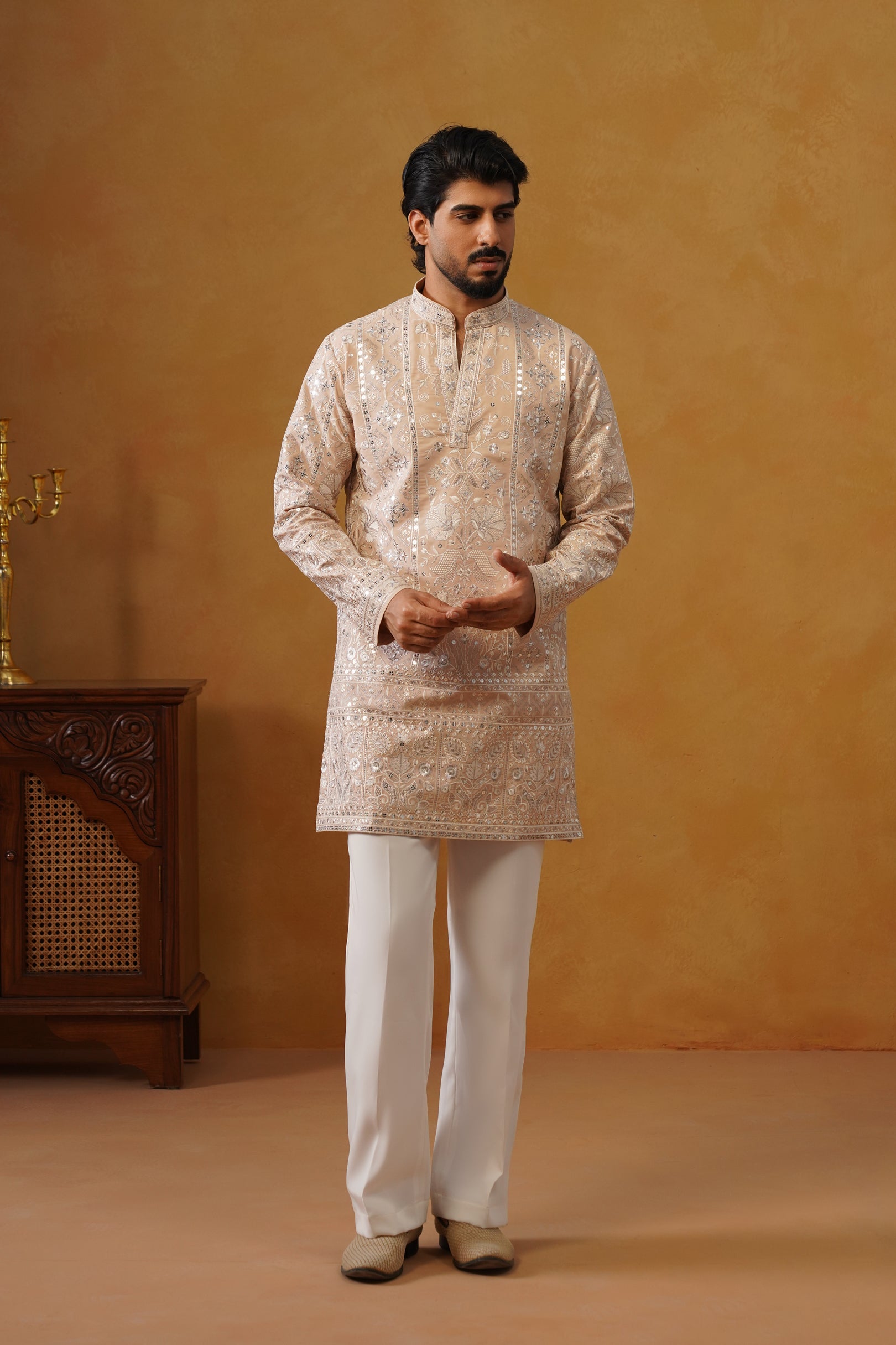 Rooh | Blush Peach V-Neck Kurta & Trouser Set with Dupatta