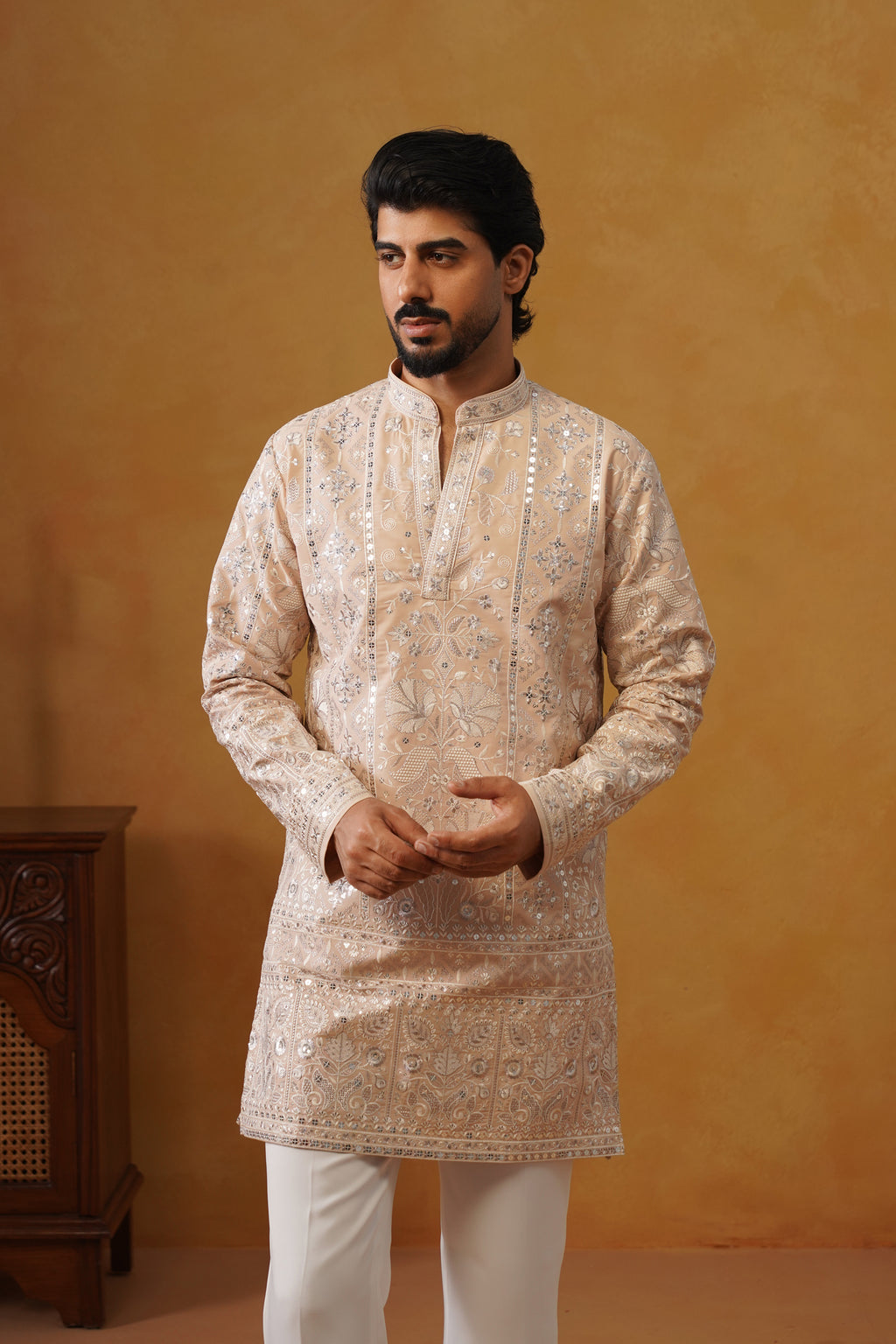Rooh | Blush Peach V-Neck Kurta & Trouser Set with Dupatta