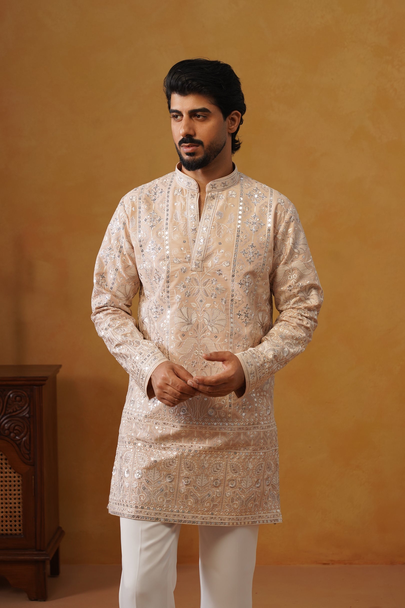 Rooh | Blush Peach V-Neck Kurta & Trouser Set with Dupatta