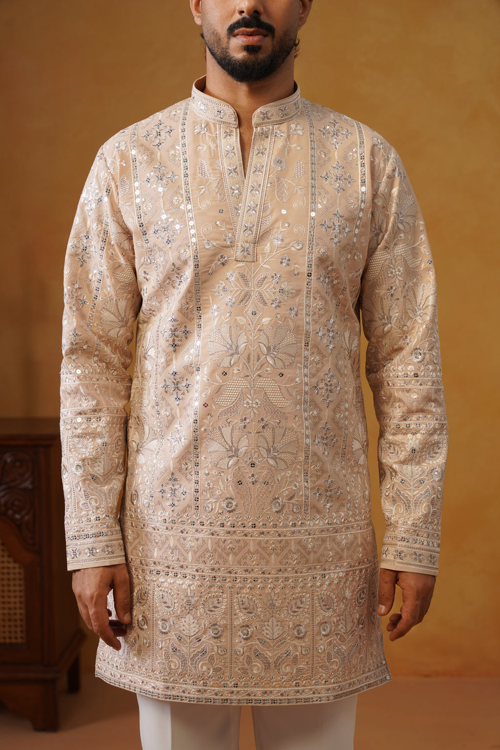 Rooh | Blush Peach V-Neck Kurta & Trouser Set with Dupatta