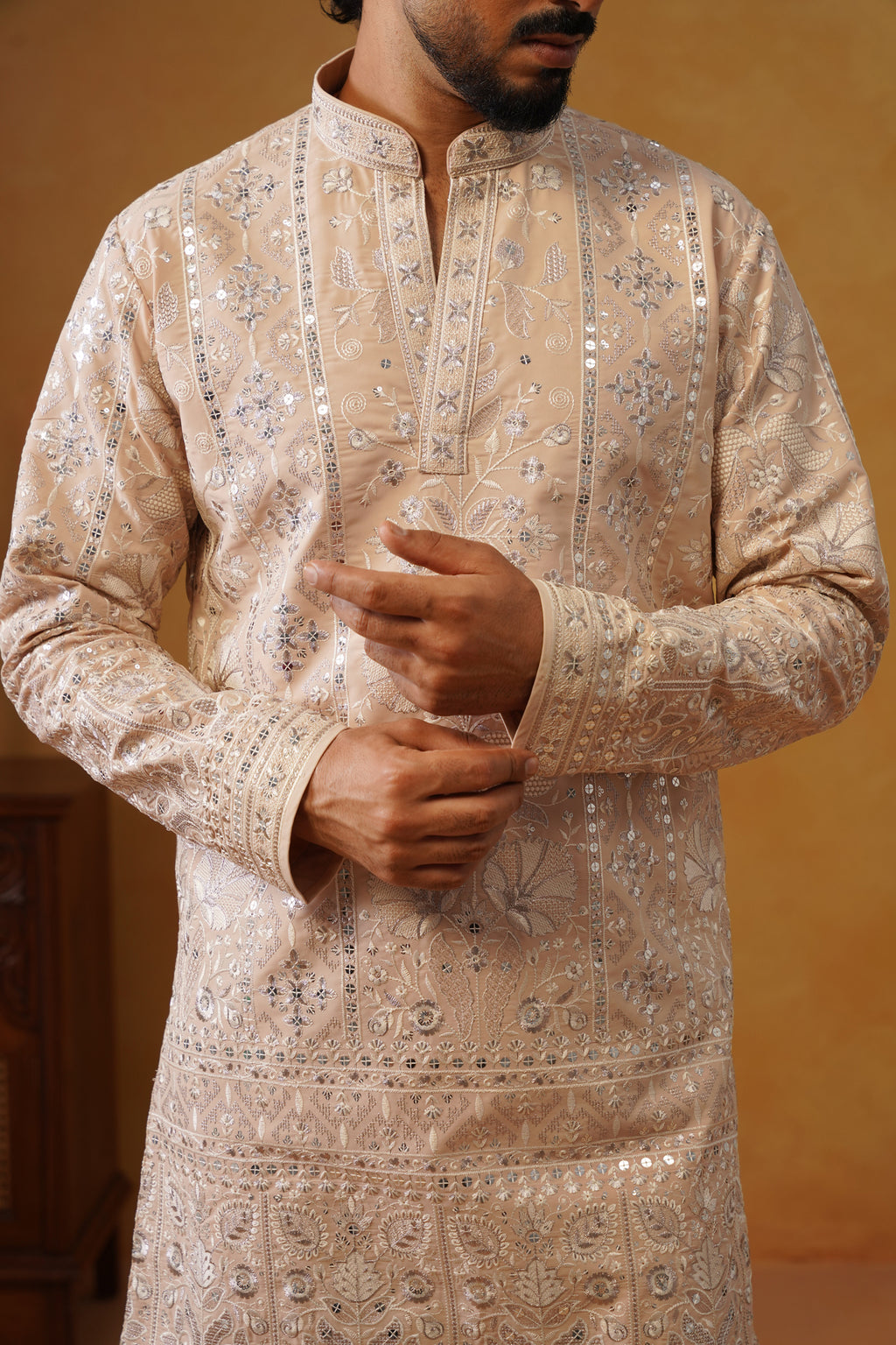 Rooh | Blush Peach V-Neck Kurta & Trouser Set with Dupatta