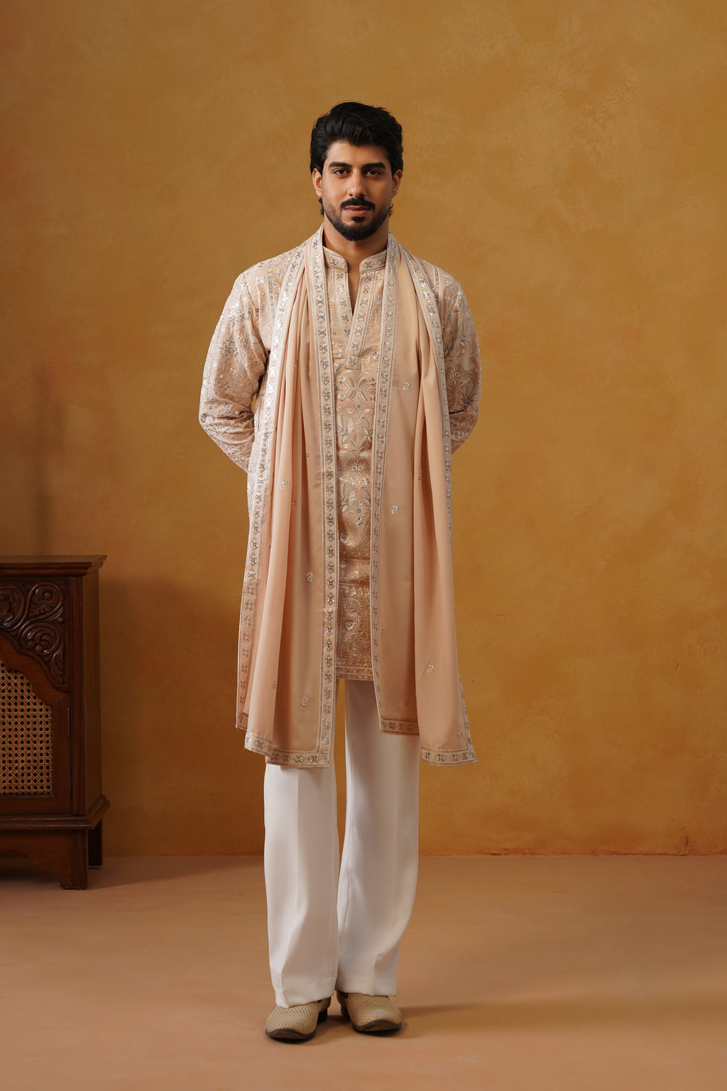 Rooh | Blush Peach V-Neck Kurta & Trouser Set with Dupatta