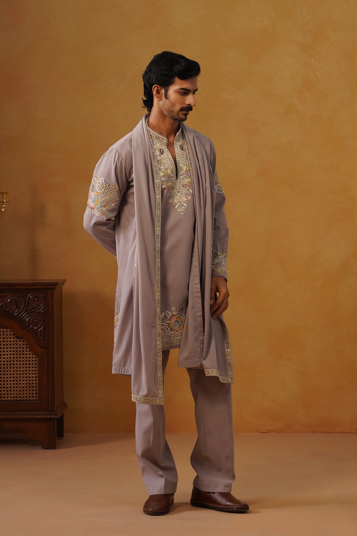 Aalekh Dusty Mauve V-Neck Kurta & Trouser Set with Dupatta