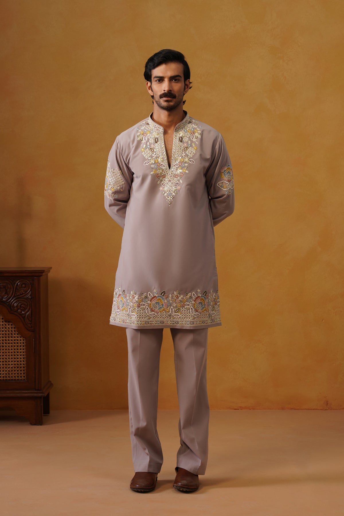 Aalekh Dusty Mauve V-Neck Kurta & Trouser Set with Dupatta