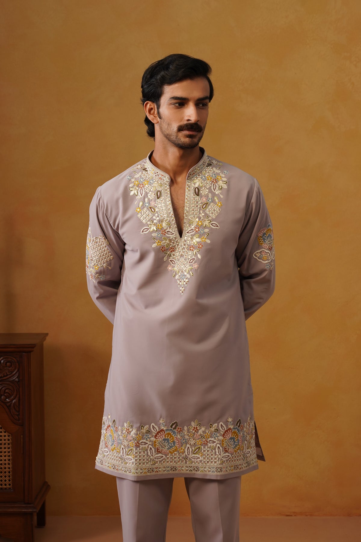 Aalekh Dusty Mauve V-Neck Kurta & Trouser Set with Dupatta