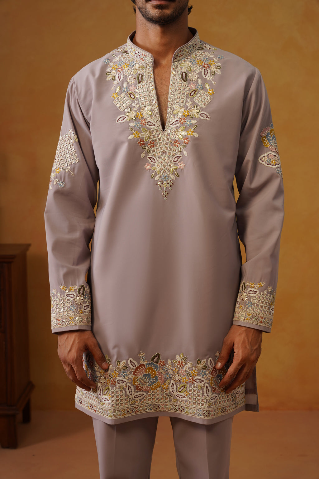 Aalekh Dusty Mauve V-Neck Kurta & Trouser Set with Dupatta