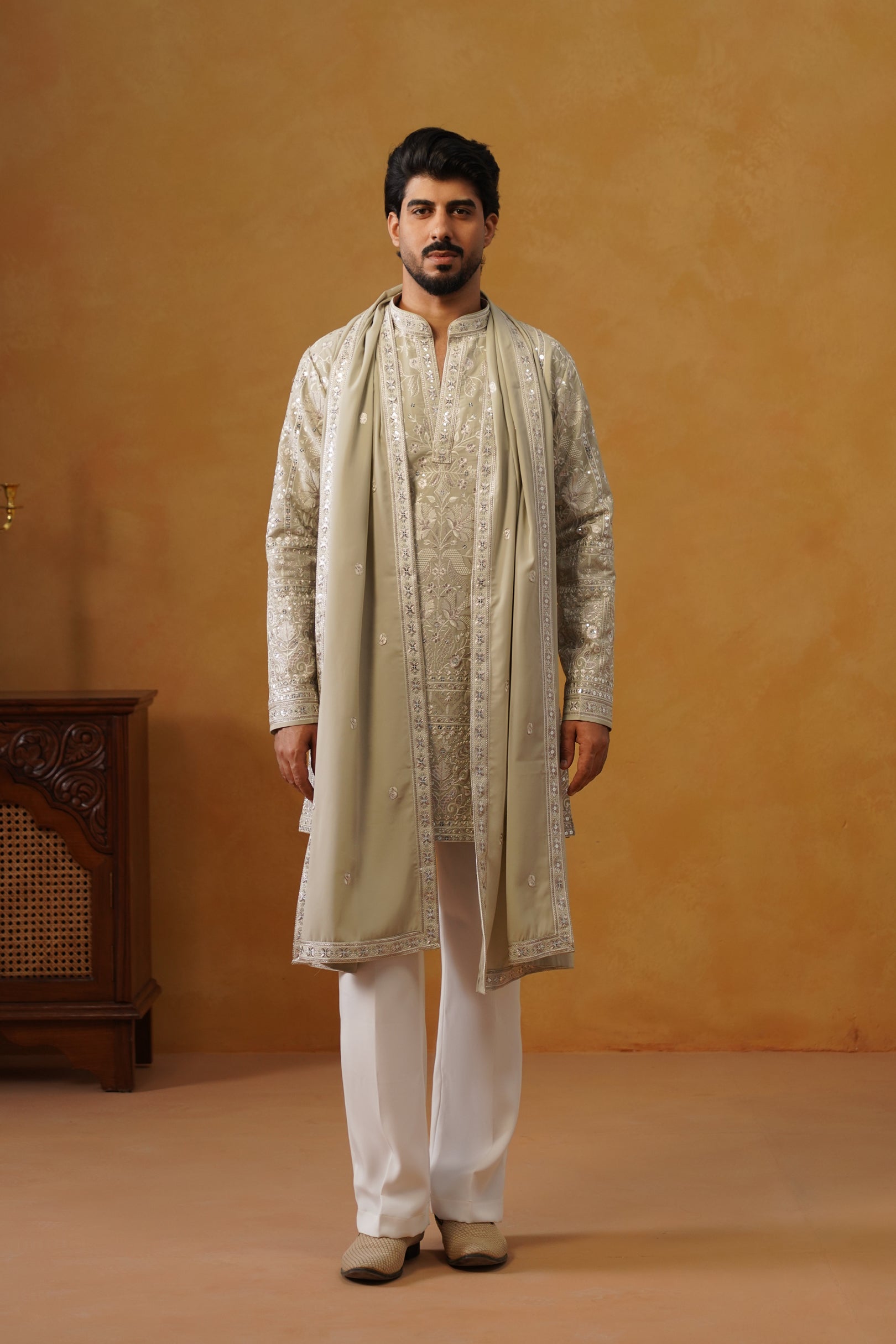 Rooh | Pista Pearl V-Neck Kurta & Trouser Set with Dupatta