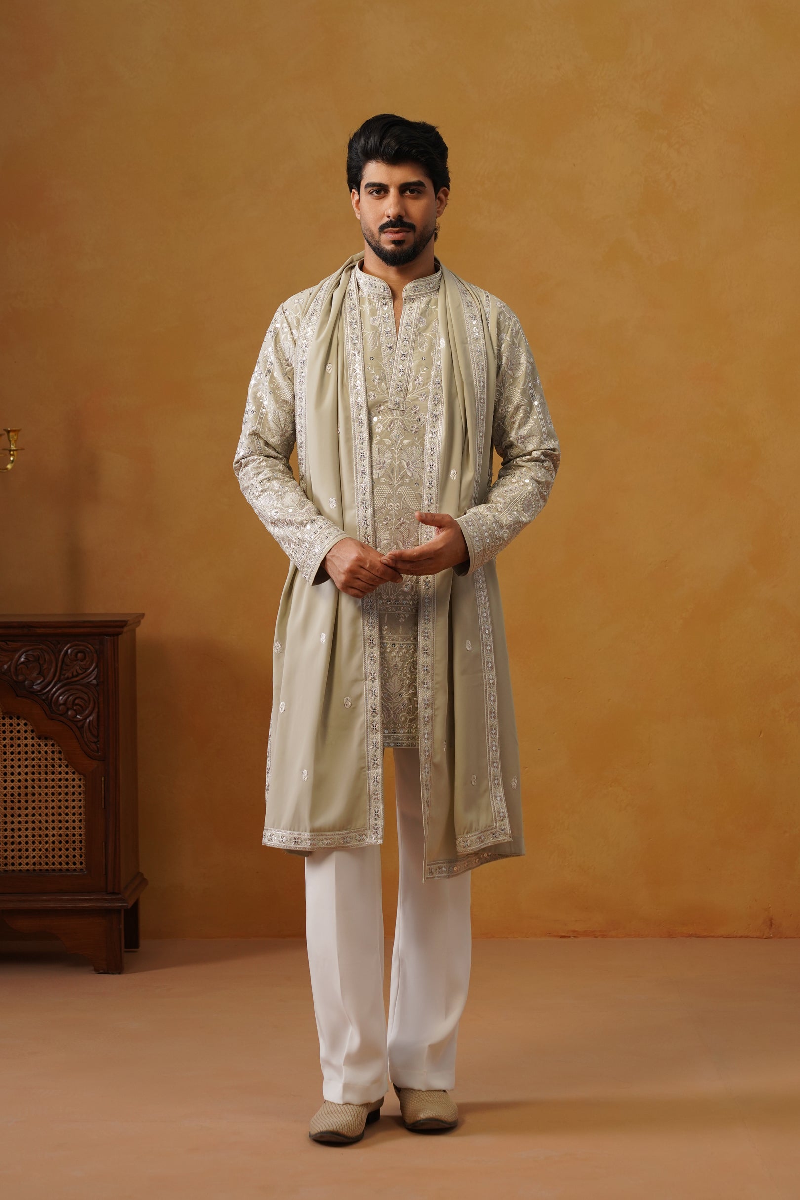 Rooh | Pista Pearl V-Neck Kurta & Trouser Set with Dupatta