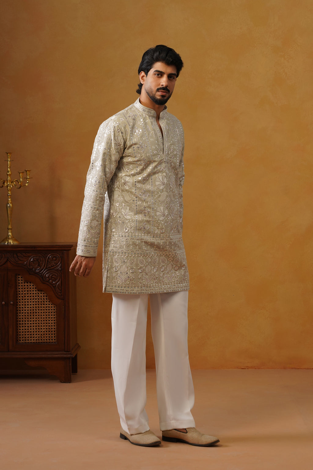 Rooh | Pista Pearl V-Neck Kurta & Trouser Set with Dupatta
