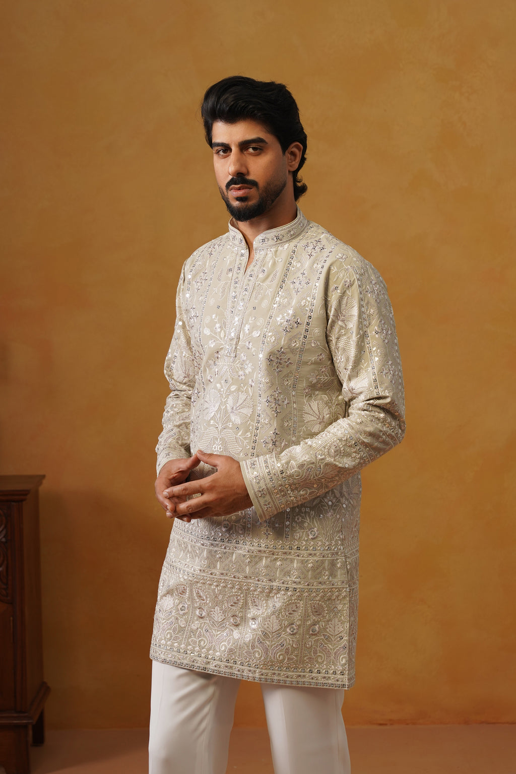 Rooh | Pista Pearl V-Neck Kurta & Trouser Set with Dupatta