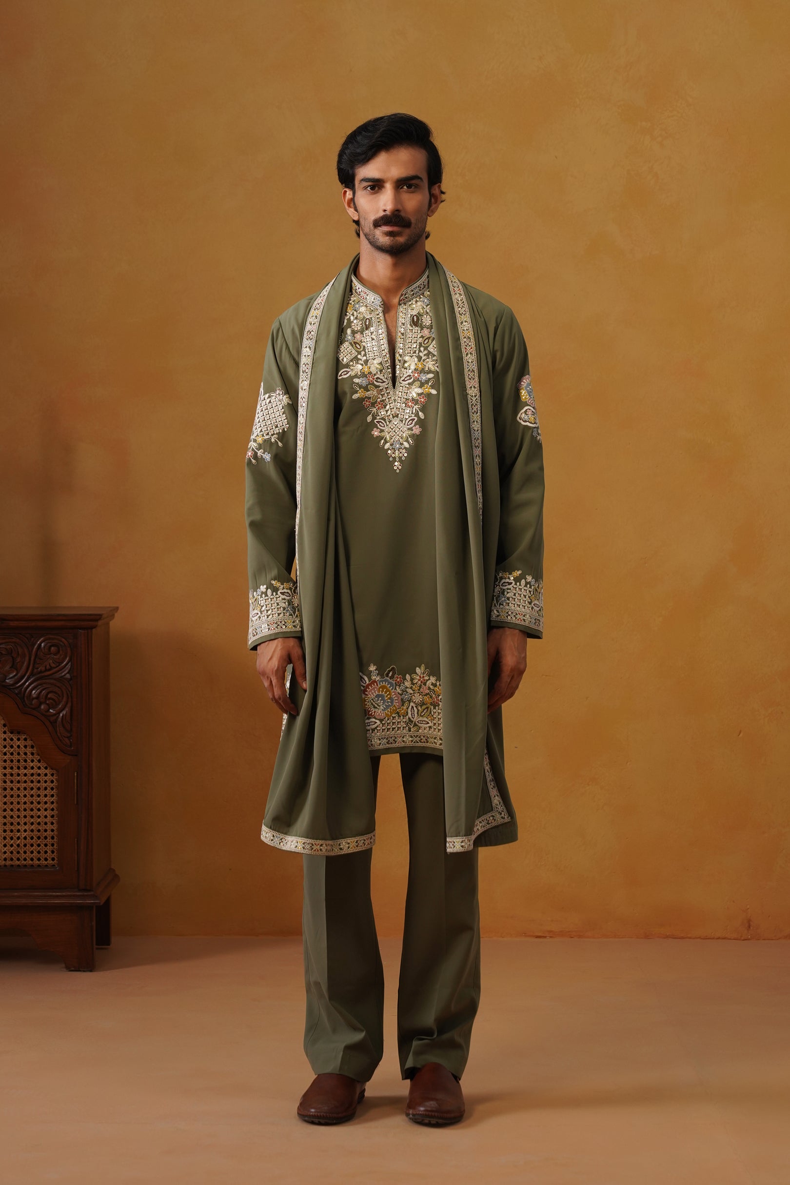 Aalekh | Olive Sage V-Neck Kurta & Trouser Set with Dupatta