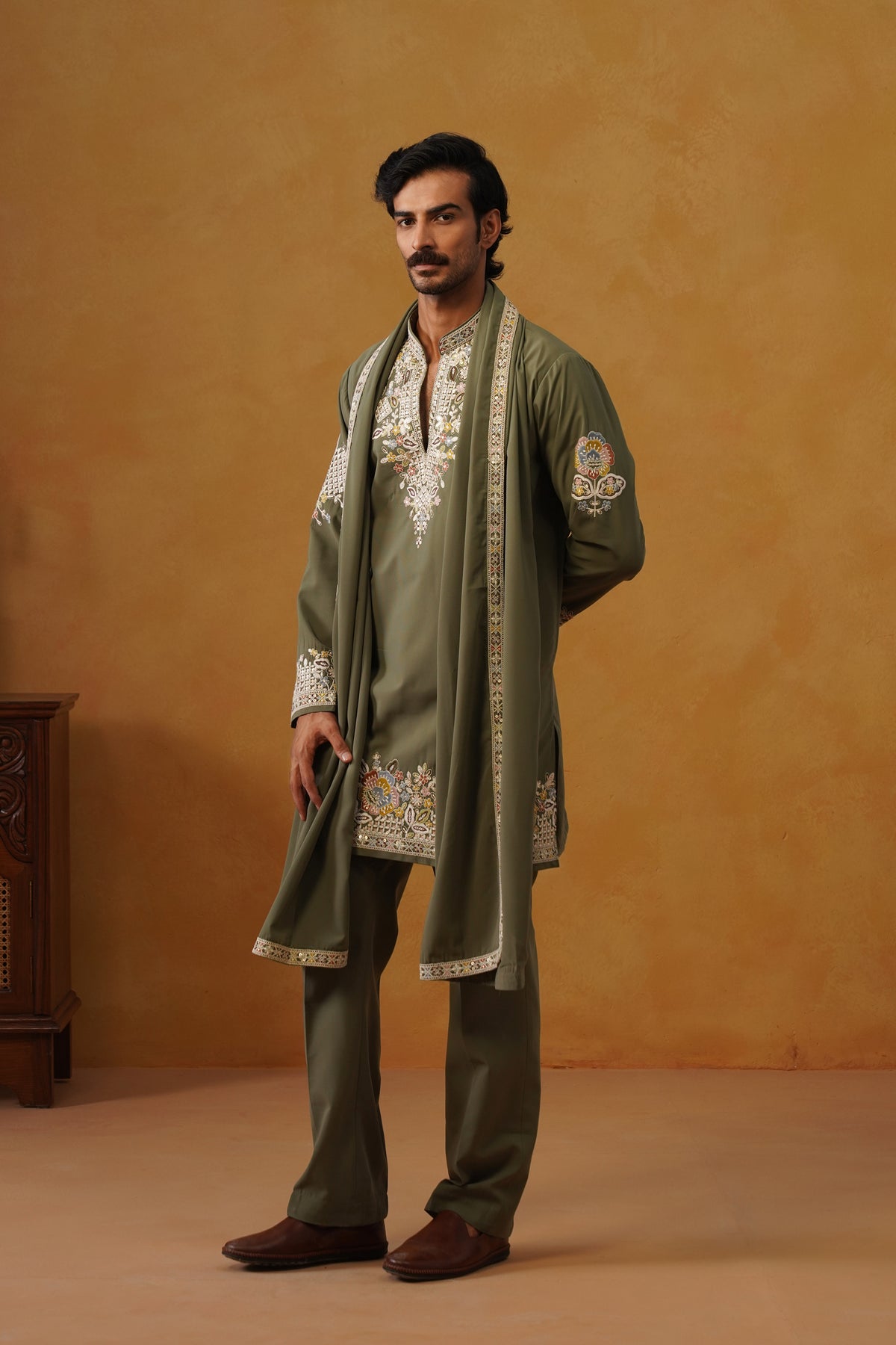 Aalekh | Olive Sage V-Neck Kurta & Trouser Set with Dupatta