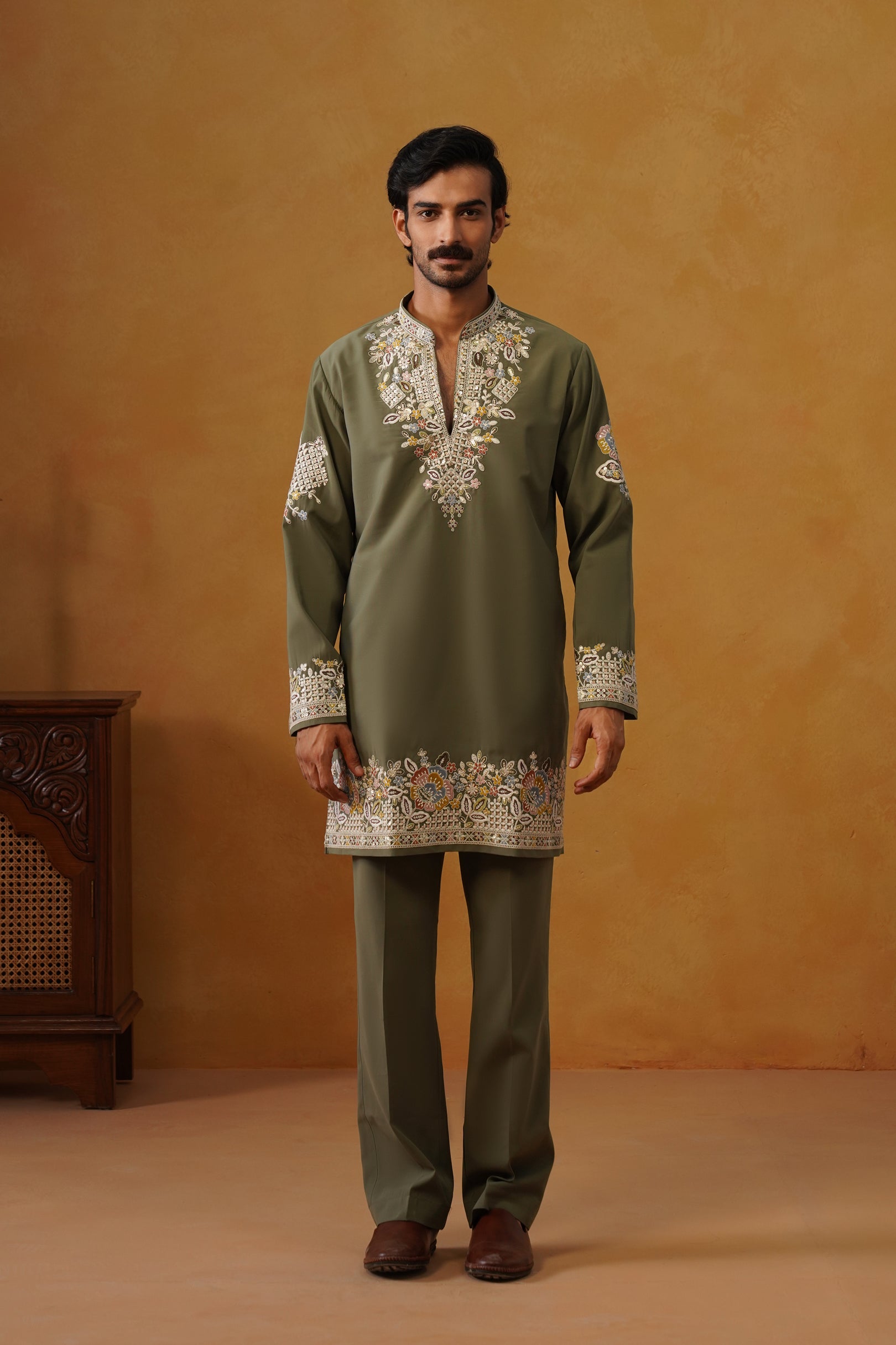 Aalekh | Olive Sage V-Neck Kurta & Trouser Set with Dupatta
