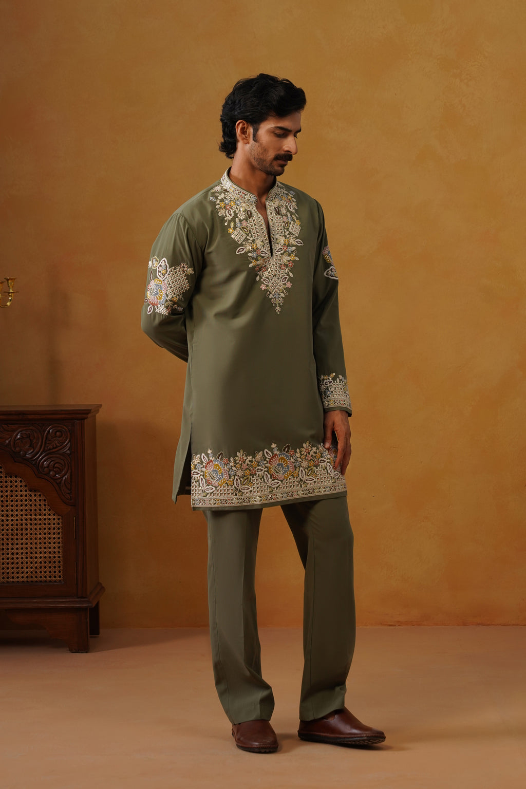 Aalekh | Olive Sage V-Neck Kurta & Trouser Set with Dupatta