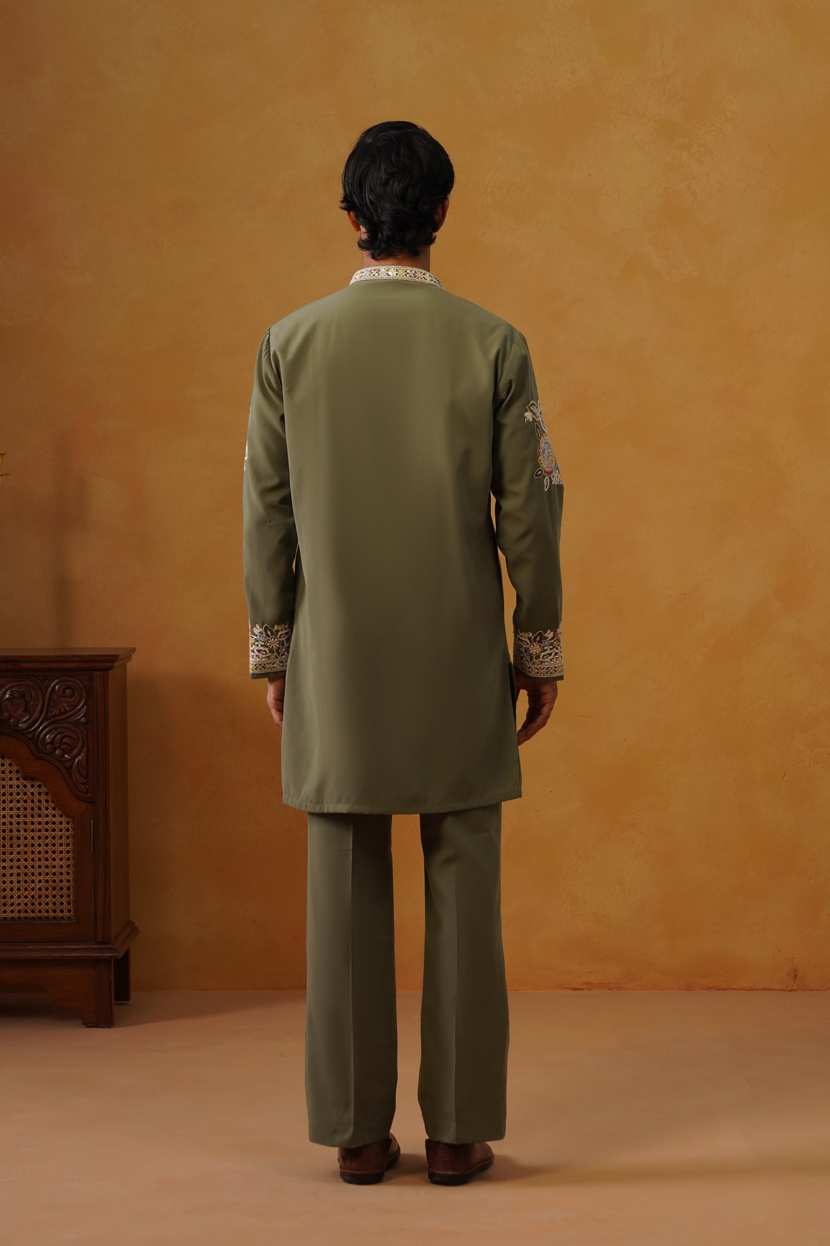 Aalekh | Olive Sage V-Neck Kurta & Trouser Set with Dupatta
