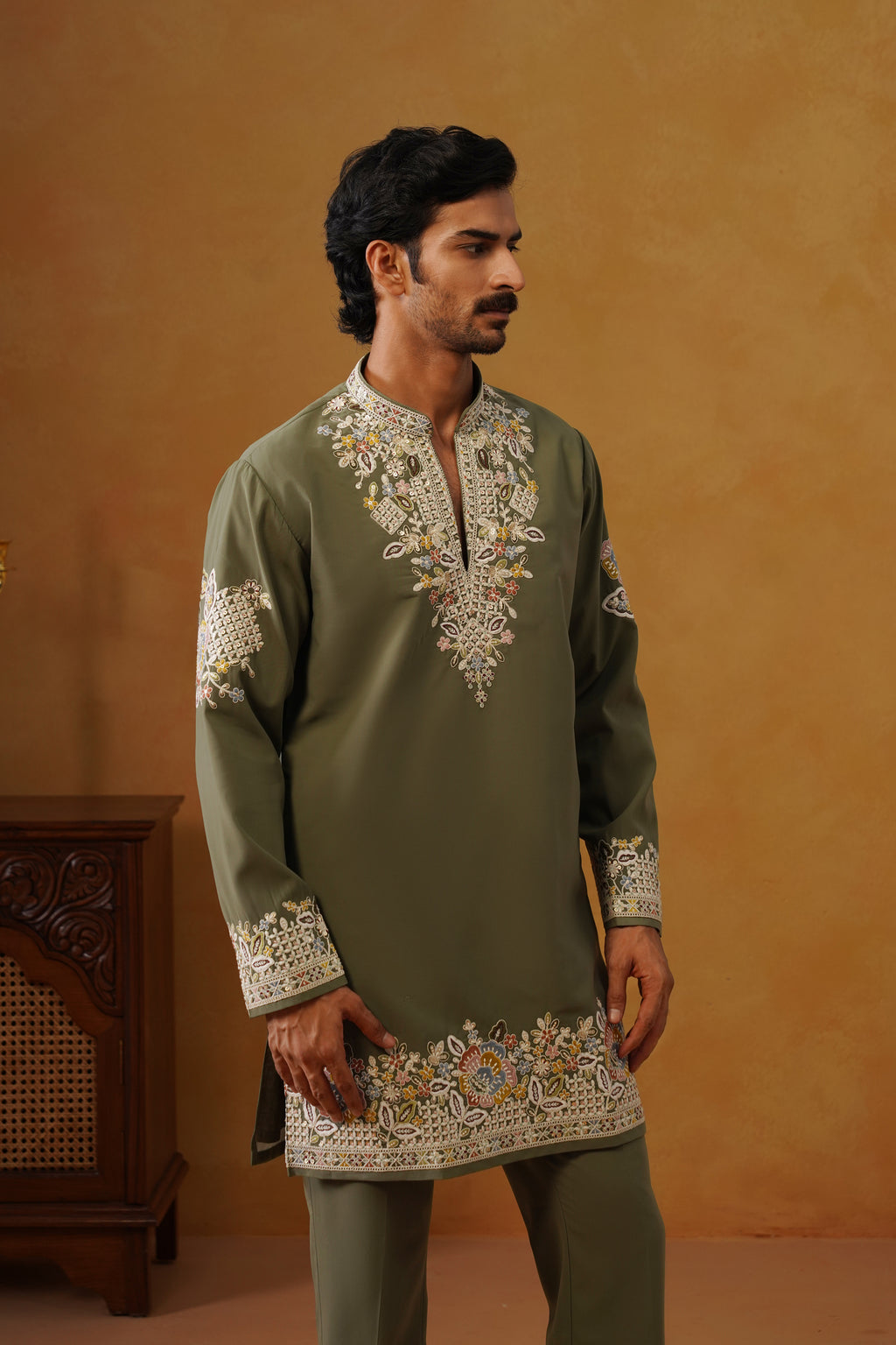 Aalekh | Olive Sage V-Neck Kurta & Trouser Set with Dupatta