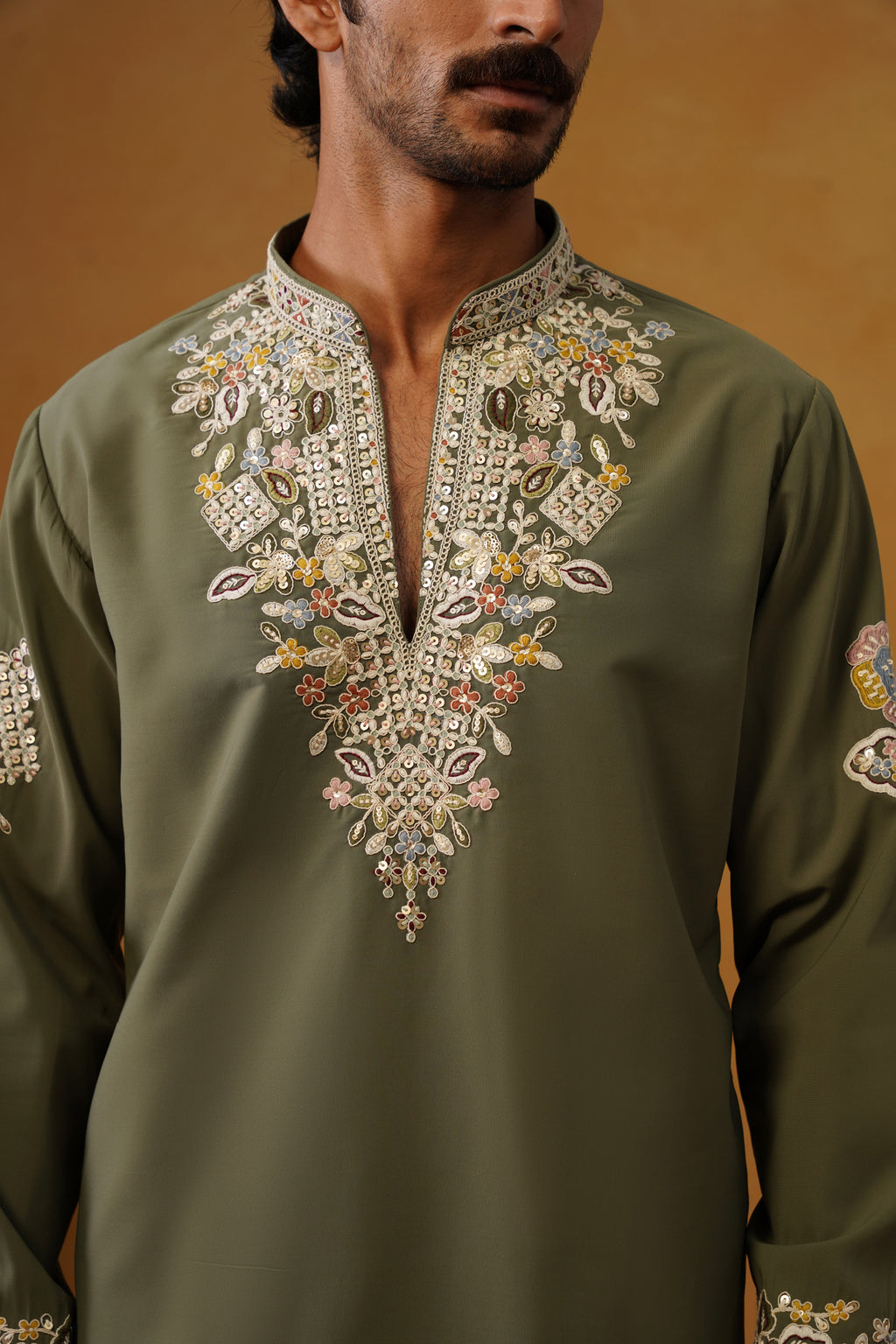 Aalekh | Olive Sage V-Neck Kurta & Trouser Set with Dupatta