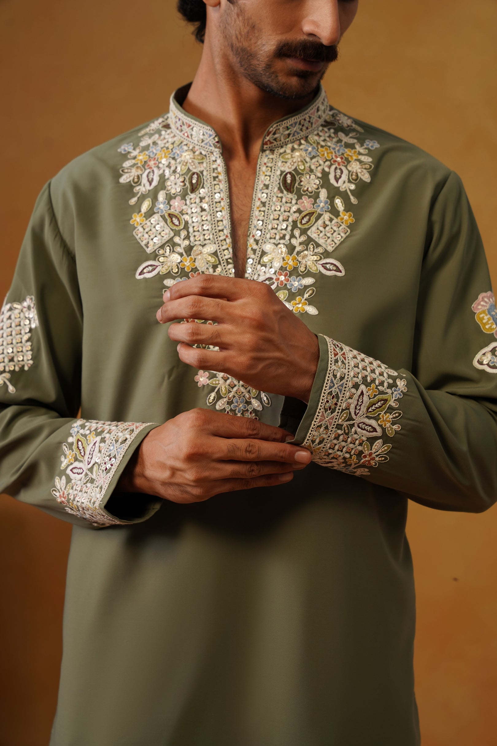 Aalekh | Olive Sage V-Neck Kurta & Trouser Set with Dupatta