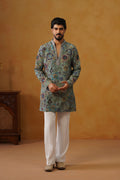 Firoz Dusty Teal Hand Embroidered V-Neck Kurta with Trouser