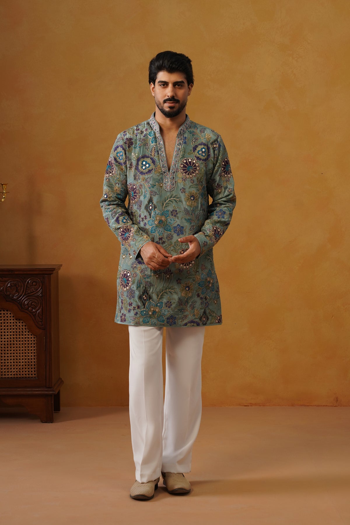 Firoz Dusty Teal Hand Embroidered V-Neck Kurta with Trouser