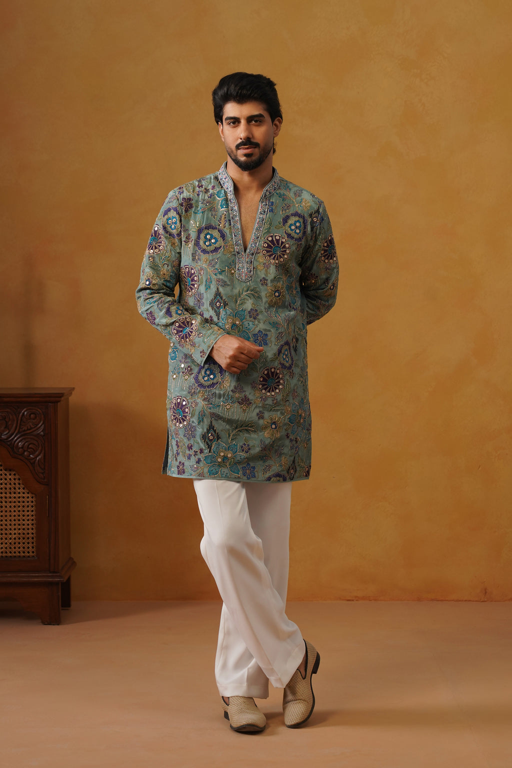Firoz Dusty Teal Hand Embroidered V-Neck Kurta with Trouser