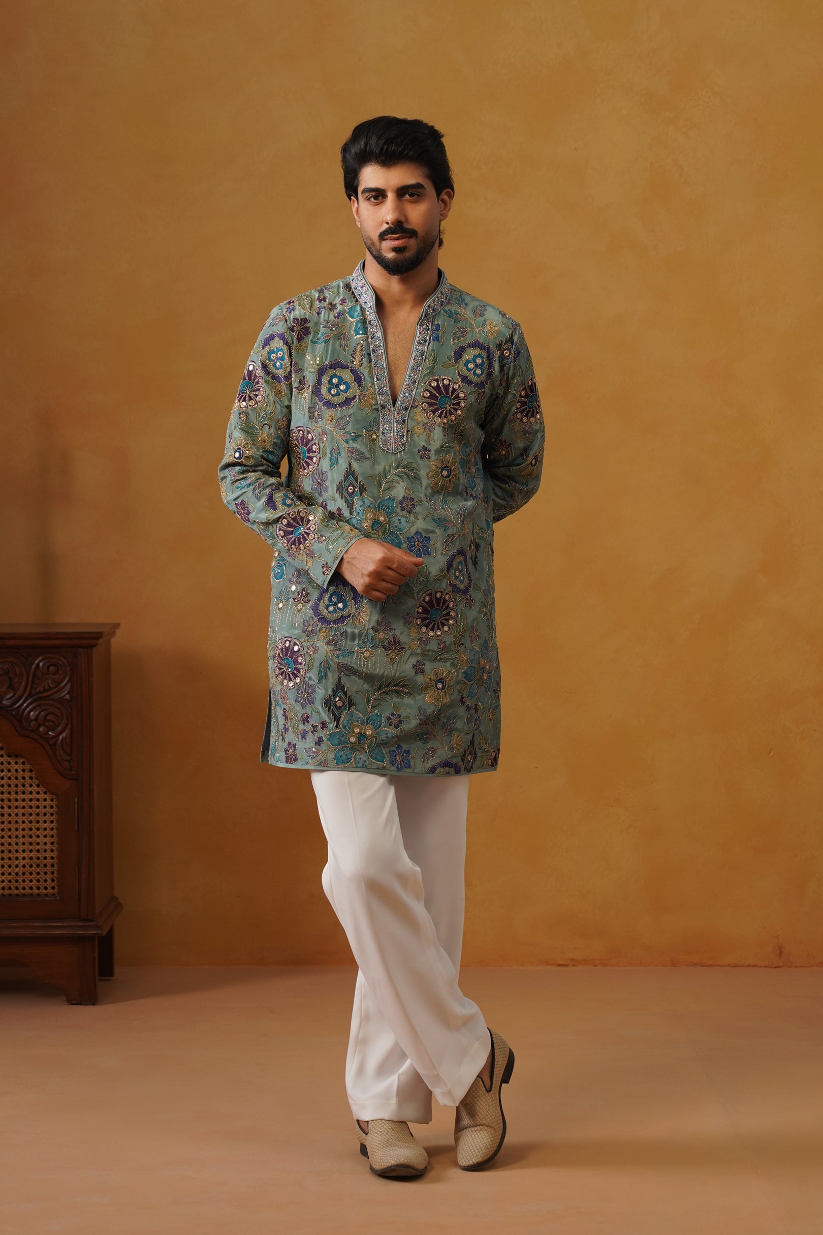 Firoz Dusty Teal Hand Embroidered V-Neck Kurta with Trouser