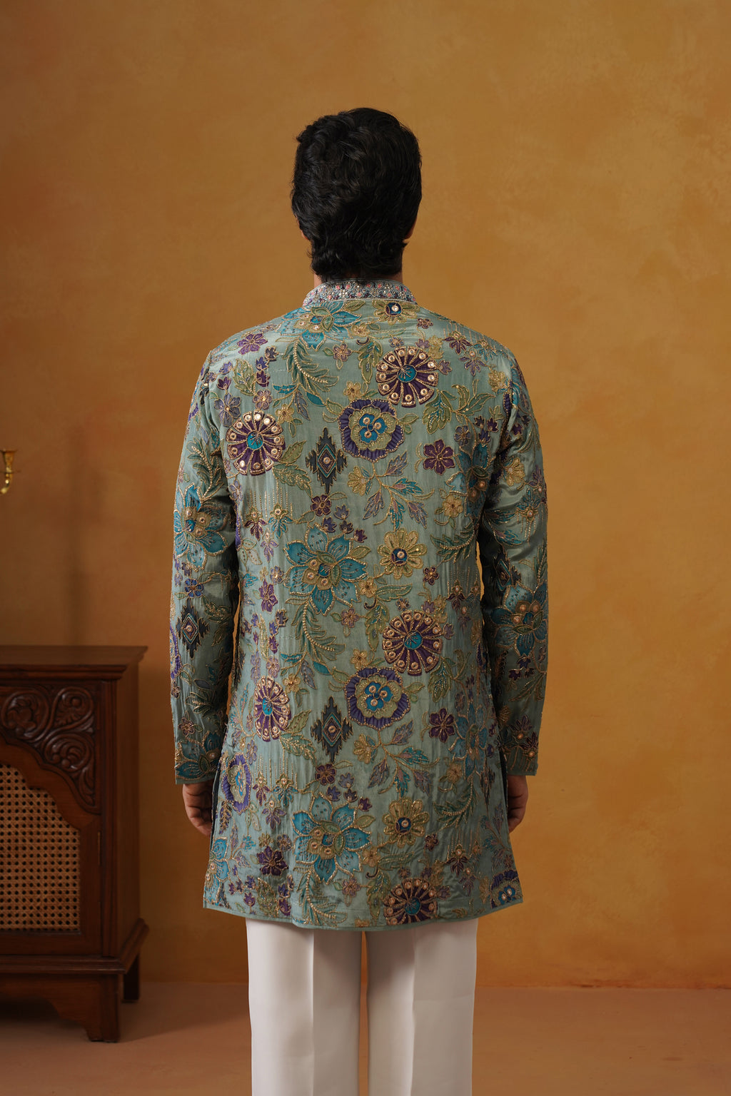 Firoz Dusty Teal Hand Embroidered V-Neck Kurta with Trouser