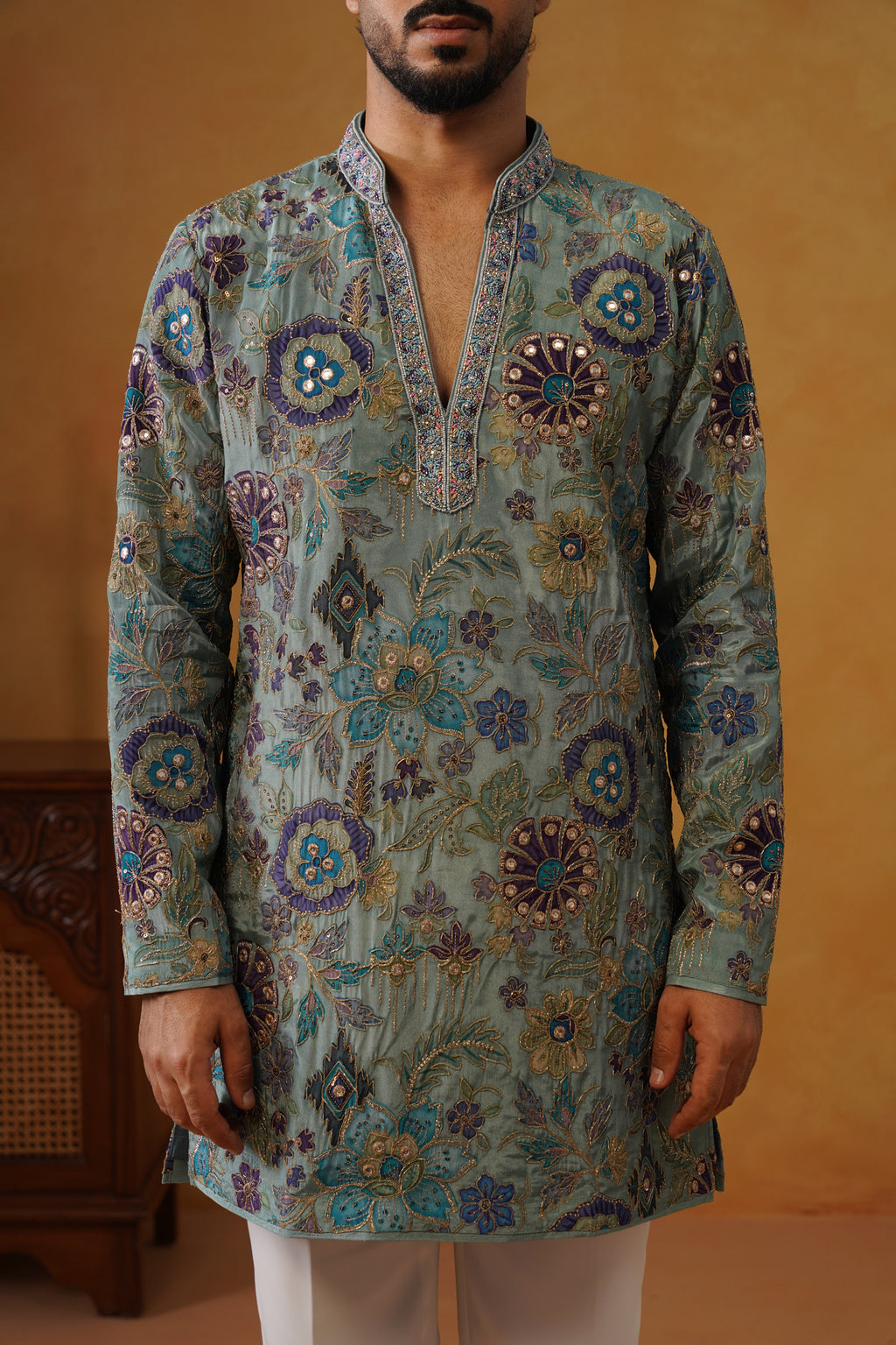 Firoz Dusty Teal Hand Embroidered V-Neck Kurta with Trouser