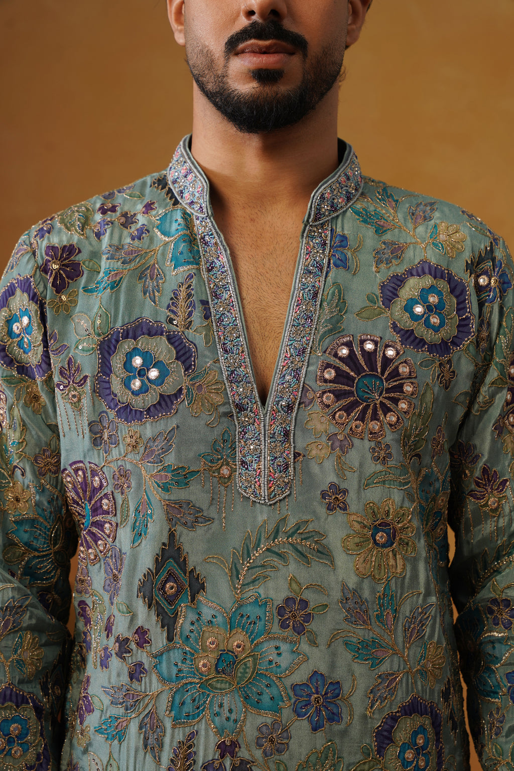 Firoz Dusty Teal Hand Embroidered V-Neck Kurta with Trouser