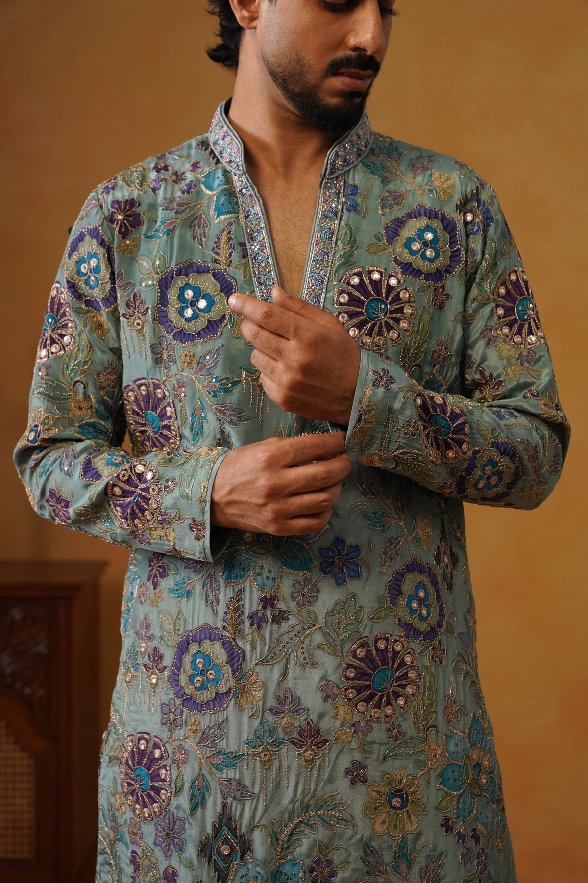 Firoz Dusty Teal Hand Embroidered V-Neck Kurta with Trouser