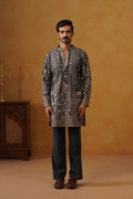 Nawab Graphite Grey Embroidered Kurta Set with V-Neck Placket & Dupatta
