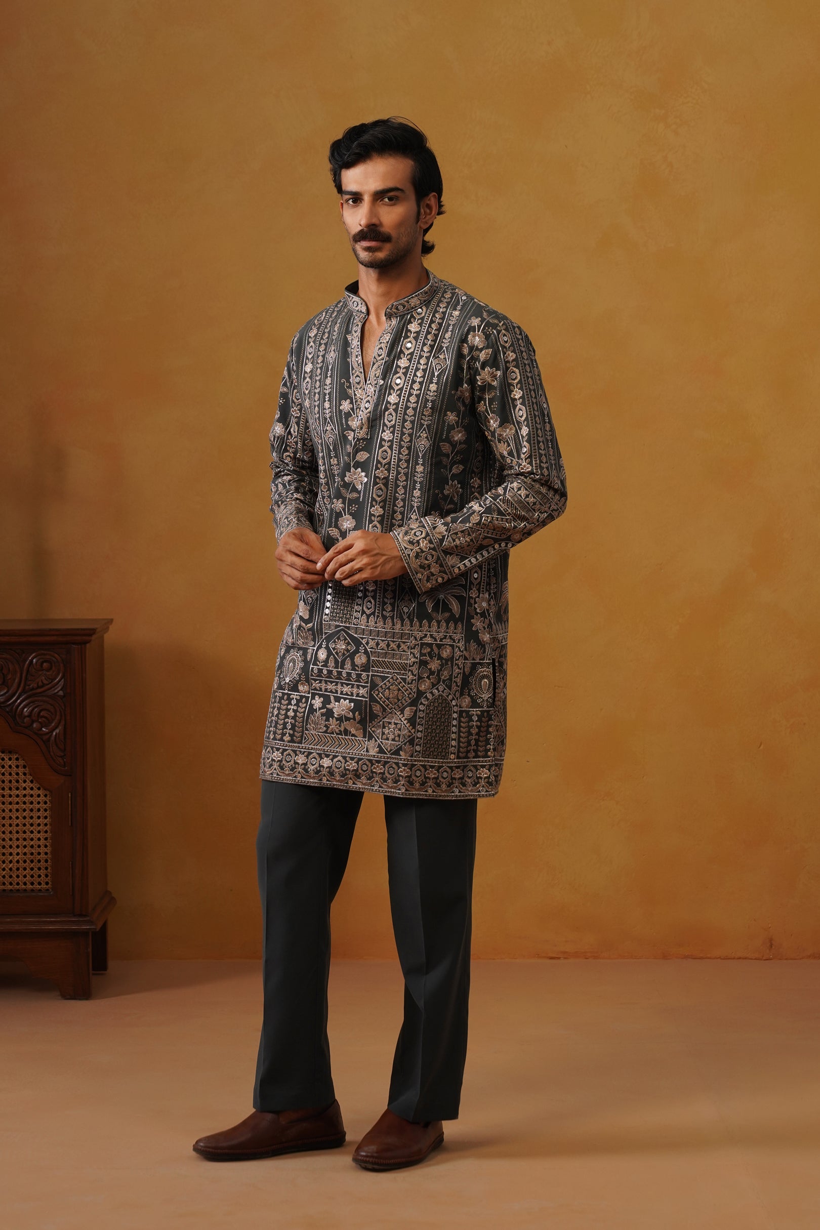 Nawab Graphite Grey Embroidered Kurta Set with V-Neck Placket & Dupatta