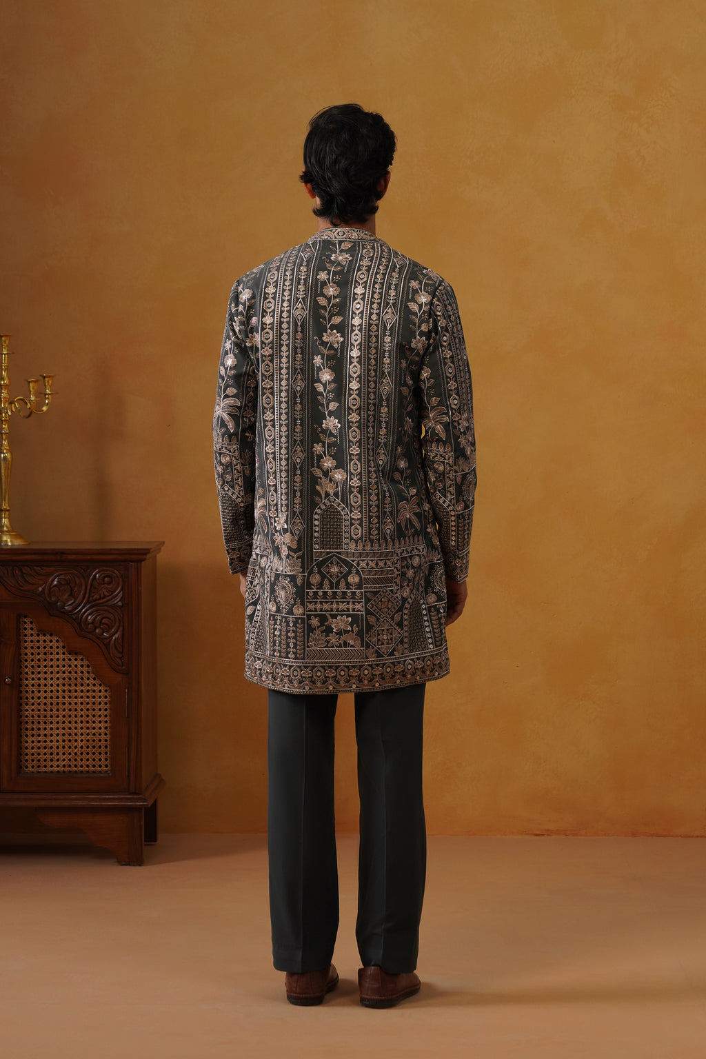 Nawab Graphite Grey Embroidered Kurta Set with V-Neck Placket & Dupatta