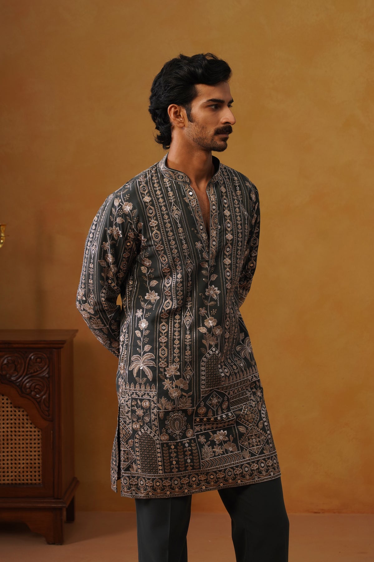Nawab Graphite Grey Embroidered Kurta Set with V-Neck Placket & Dupatta
