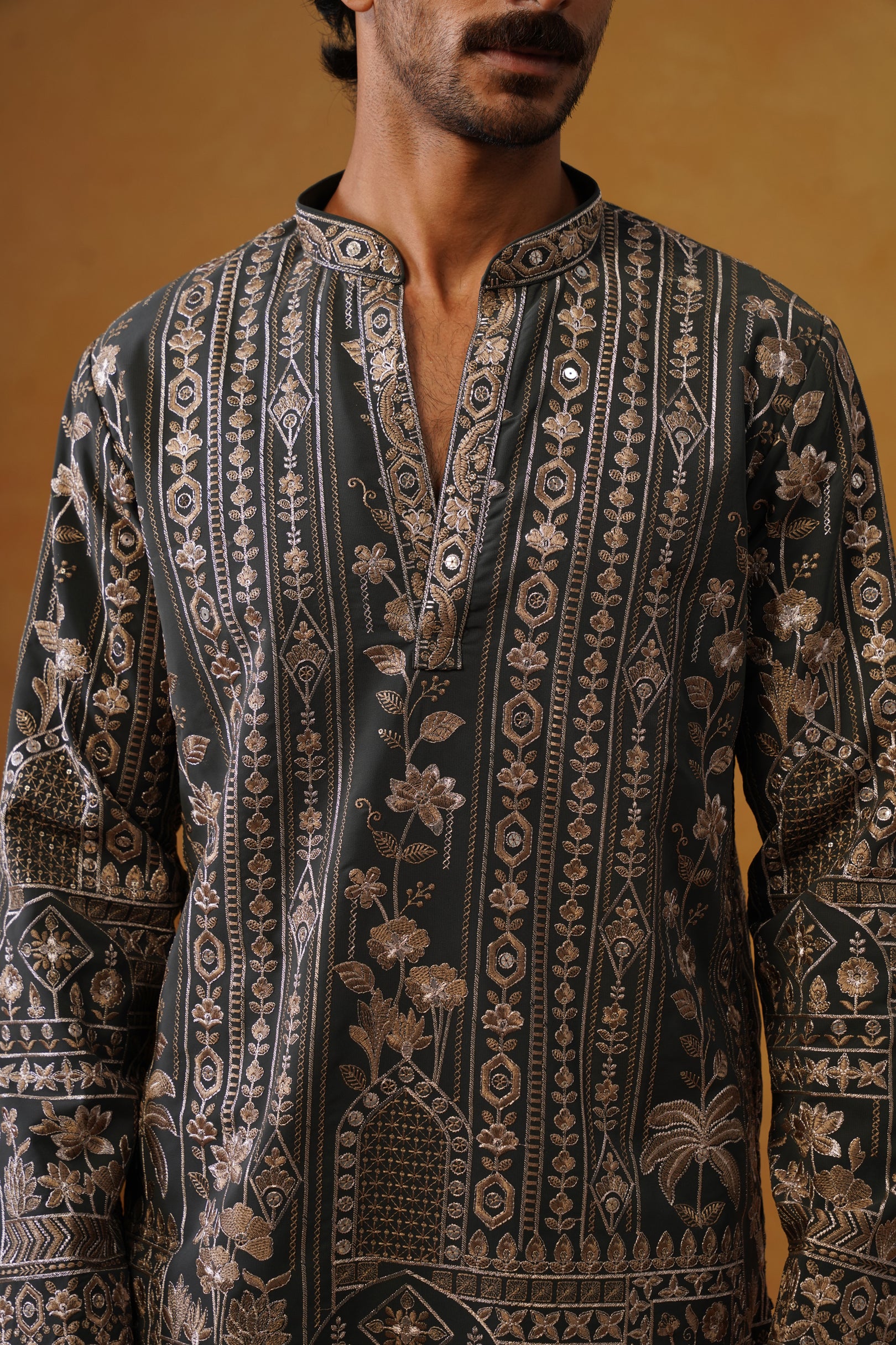 Nawab Graphite Grey Embroidered Kurta Set with V-Neck Placket & Dupatta