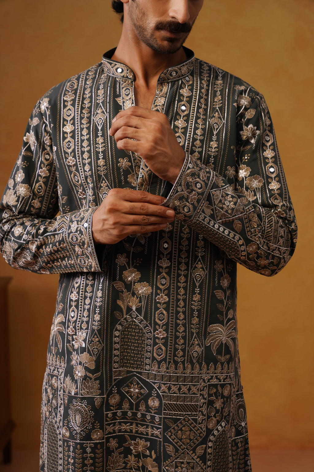 Nawab Graphite Grey Embroidered Kurta Set with V-Neck Placket & Dupatta