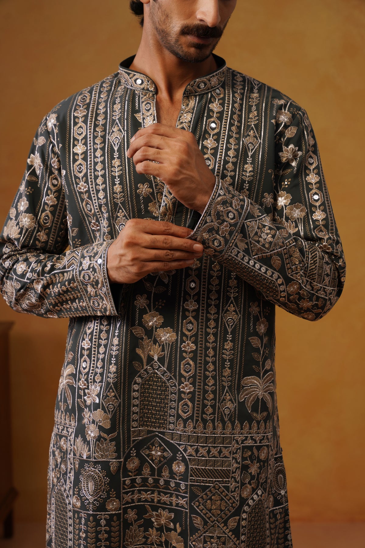 Nawab Graphite Grey Embroidered Kurta Set with V-Neck Placket & Dupatta