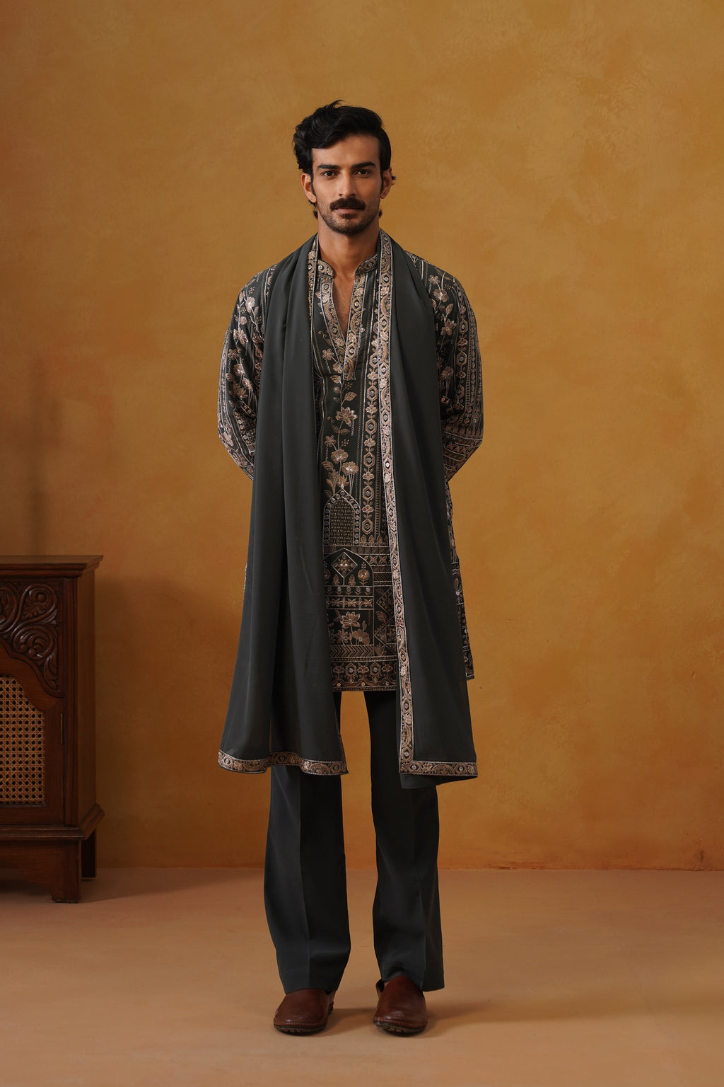 Nawab Graphite Grey Embroidered Kurta Set with V-Neck Placket & Dupatta