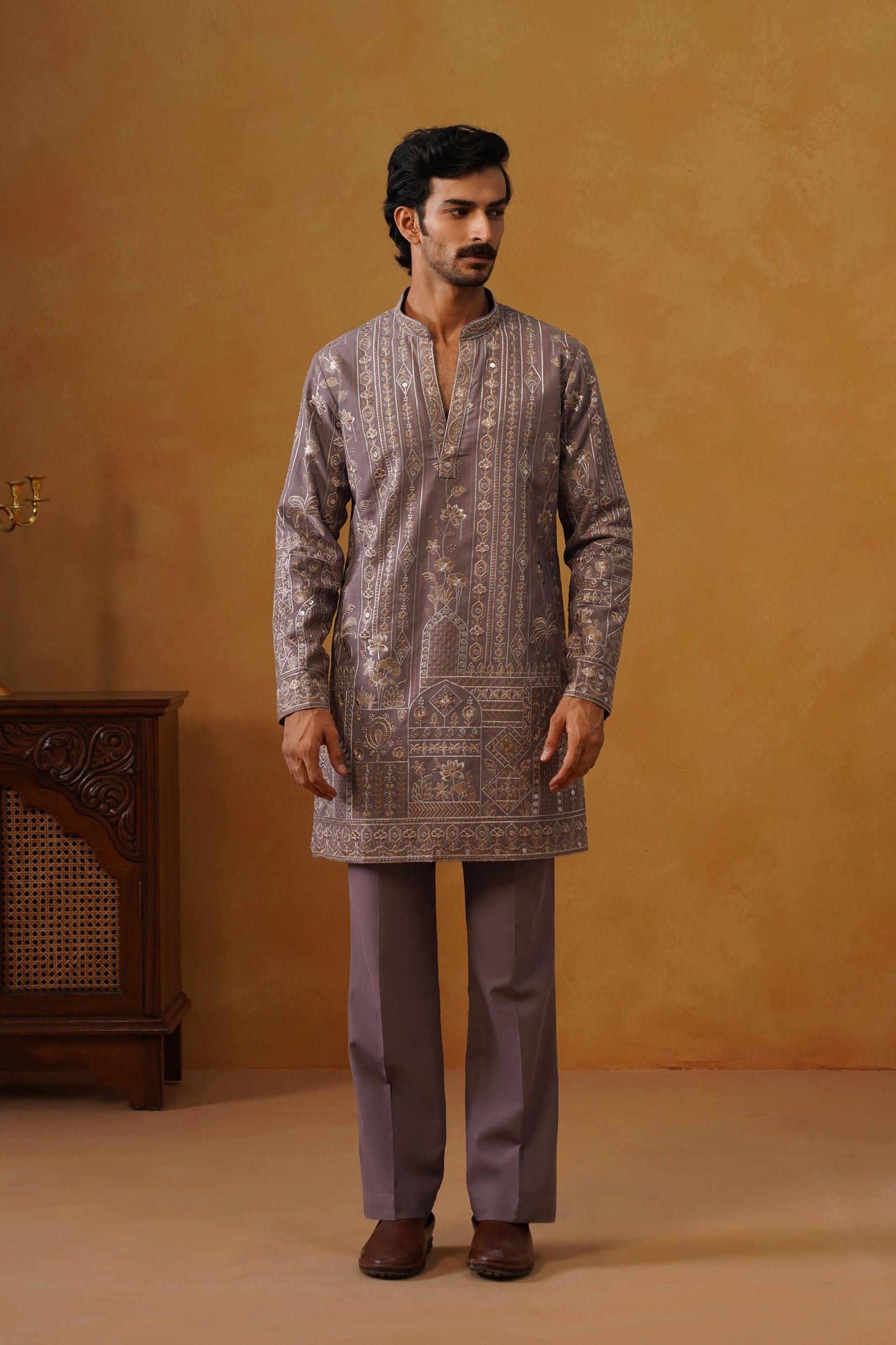 Nawab Dusty Lavender Embroidered Kurta Set with V-Neck Placket & Dupatta