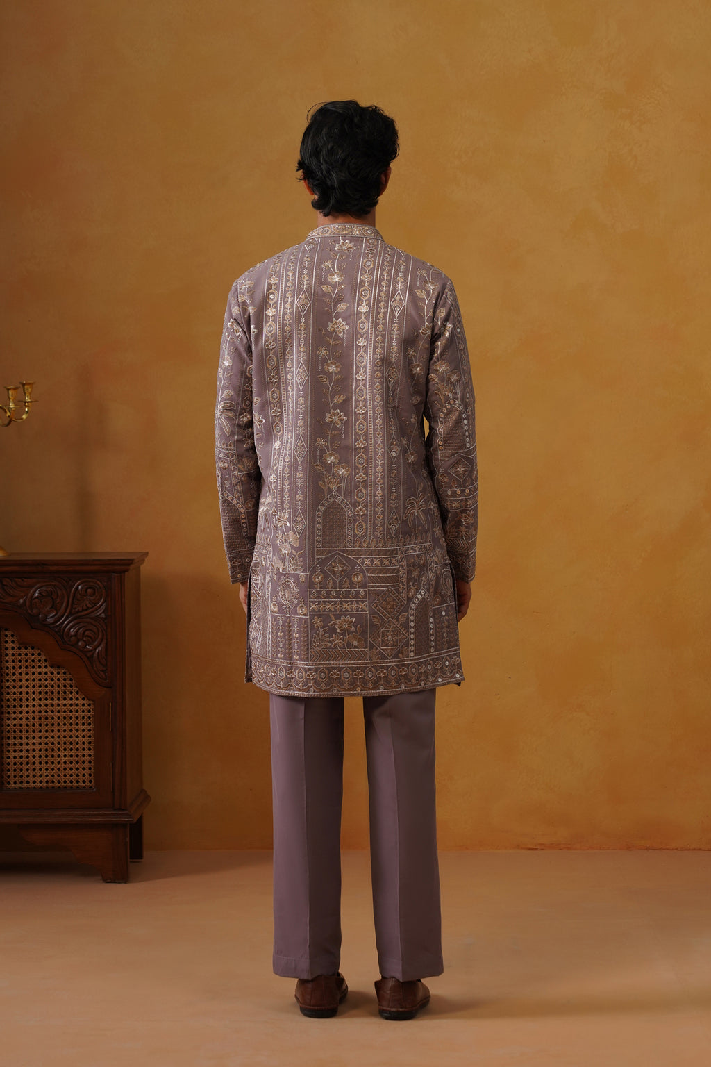 Nawab Dusty Lavender Embroidered Kurta Set with V-Neck Placket & Dupatta