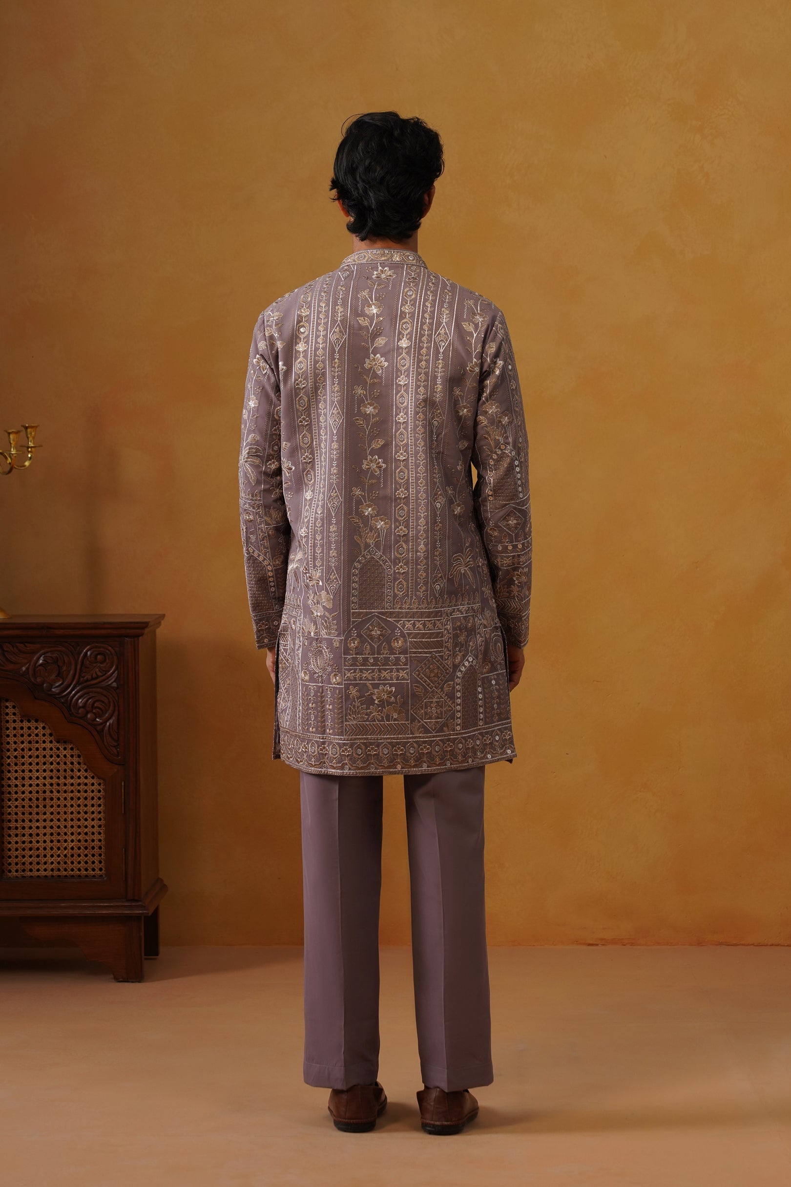 Nawab Dusty Lavender Embroidered Kurta Set with V-Neck Placket & Dupatta