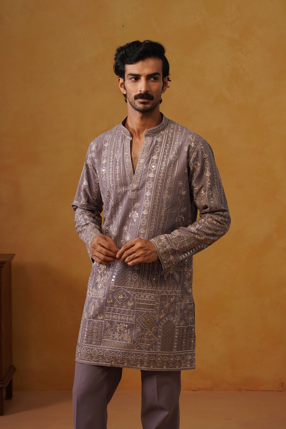Nawab Dusty Lavender Embroidered Kurta Set with V-Neck Placket & Dupatta