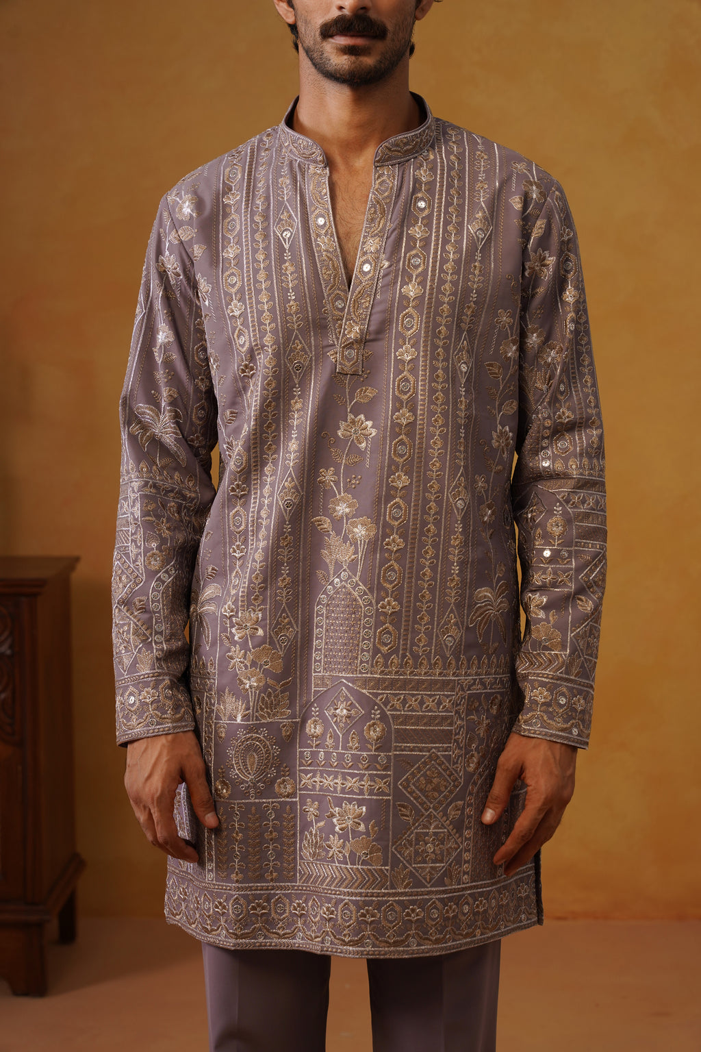 Nawab Dusty Lavender Embroidered Kurta Set with V-Neck Placket & Dupatta
