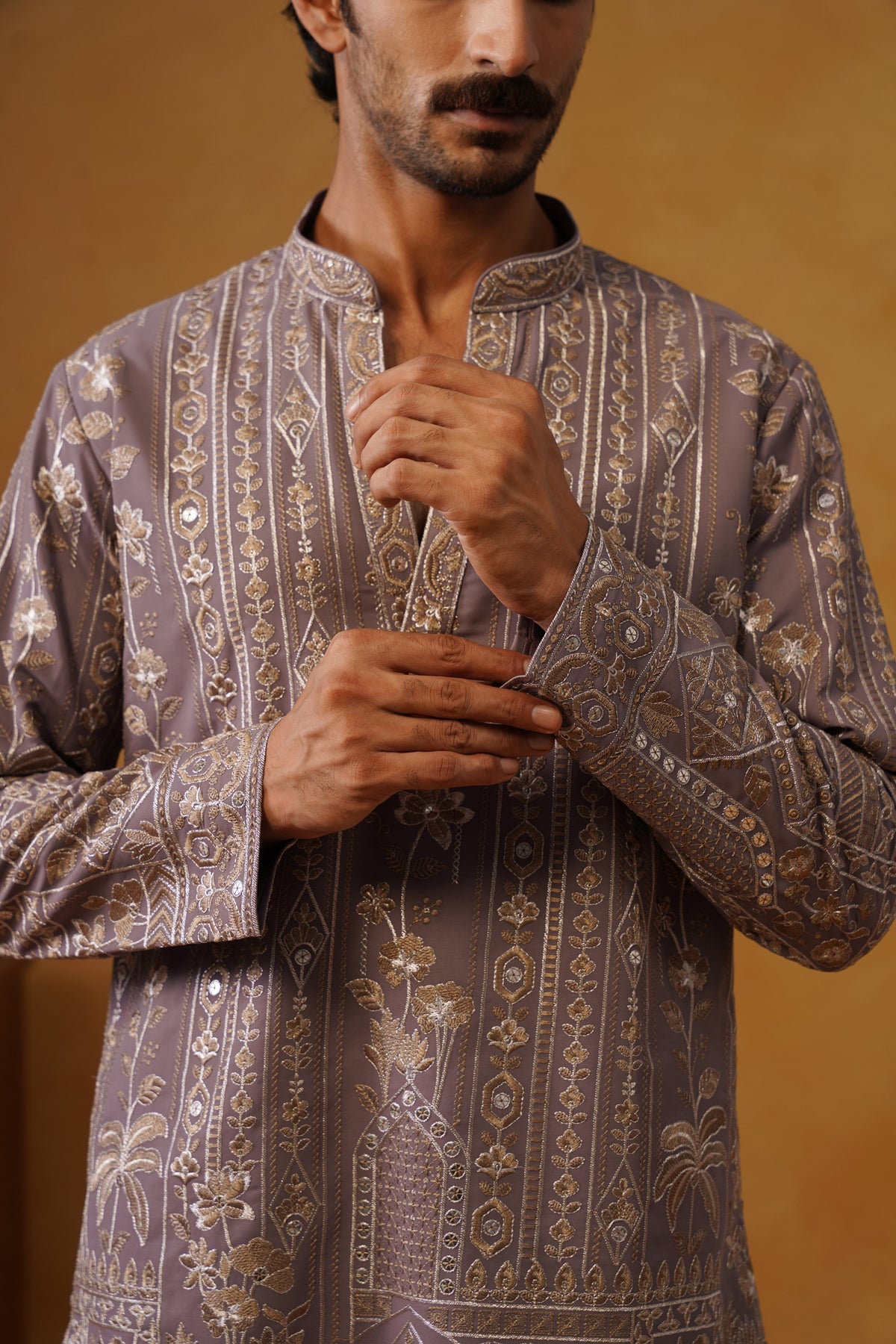 Nawab Dusty Lavender Embroidered Kurta Set with V-Neck Placket & Dupatta