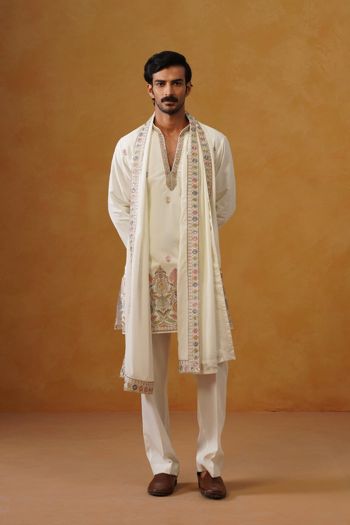 Viraj Ivory V-Neck Kurta Set with Dupatta