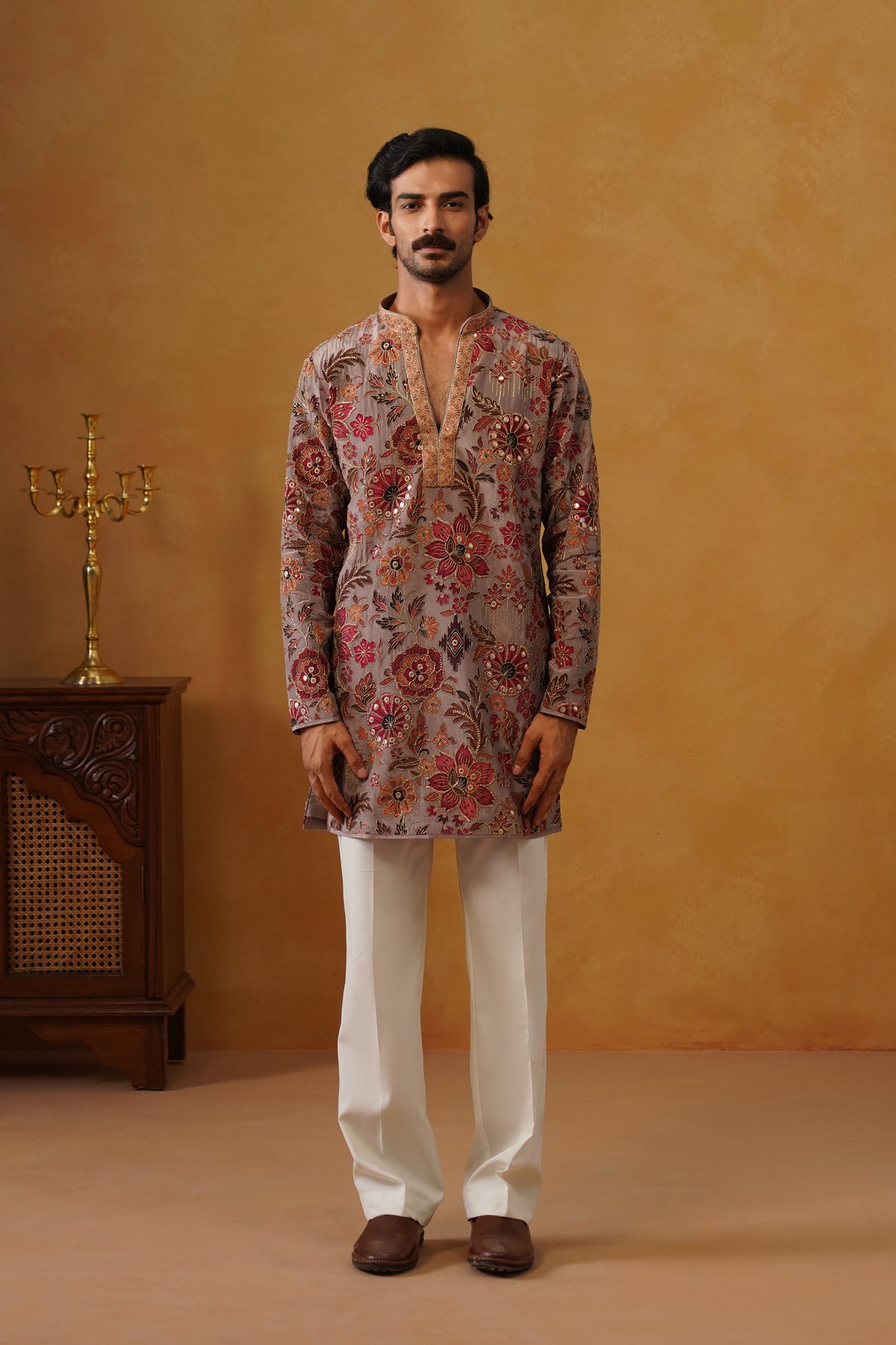 Gulnaar Rose Taupe Hand Embroidered V-Neck Kurta with Trouser