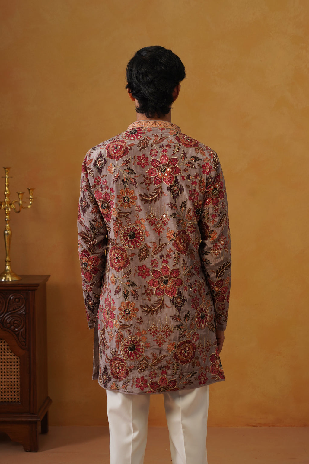 Gulnaar Rose Taupe Hand Embroidered V-Neck Kurta with Trouser