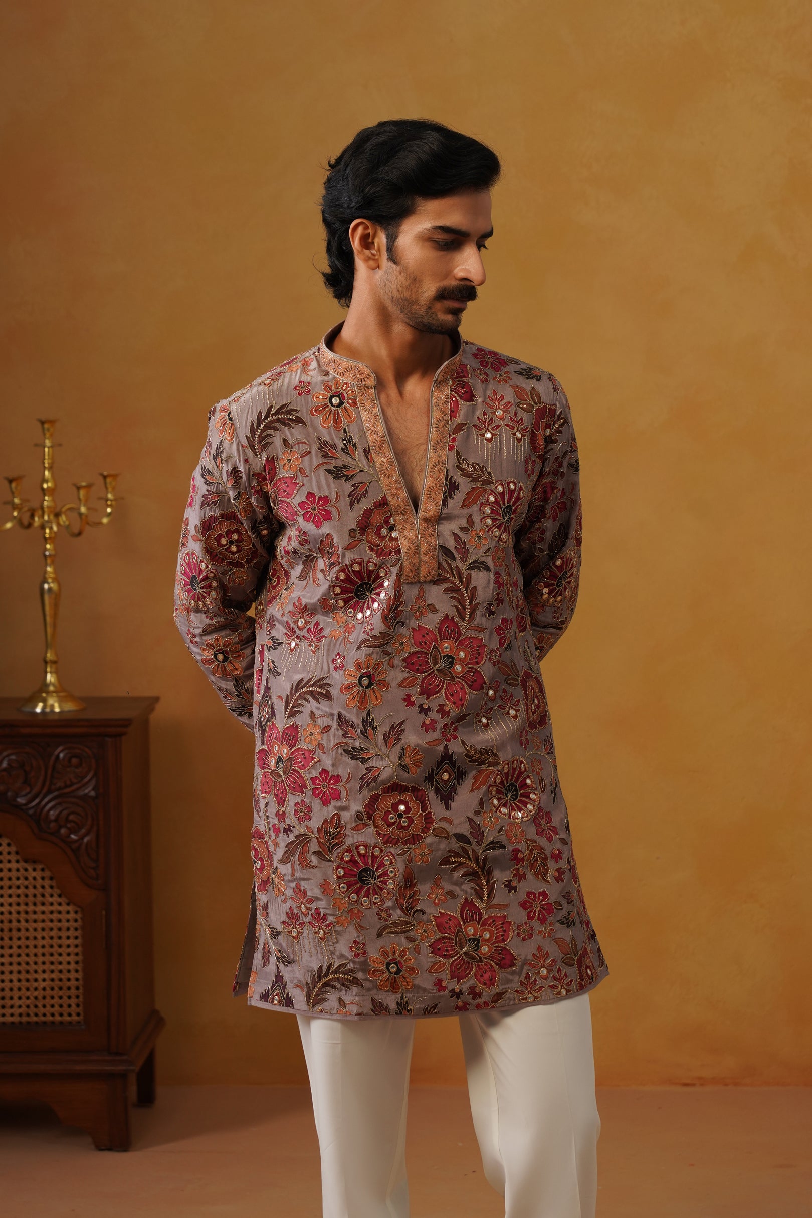 Gulnaar Rose Taupe Hand Embroidered V-Neck Kurta with Trouser